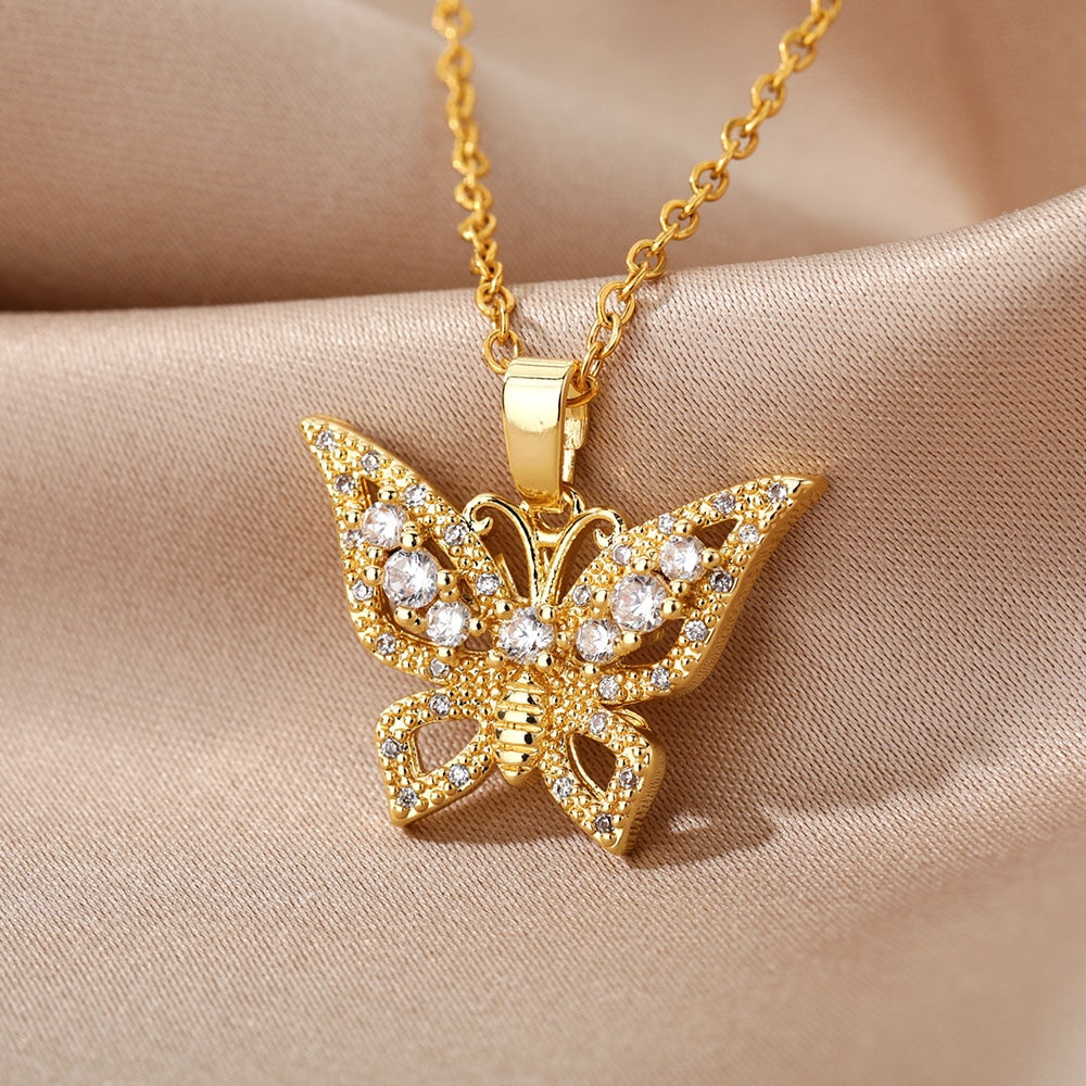 Zircon Butterfly Pendant Necklace For Women Stainless Steel Gold Color Necklaces Charm Bling CZ Wedding Couple Aesthetic Jewerly