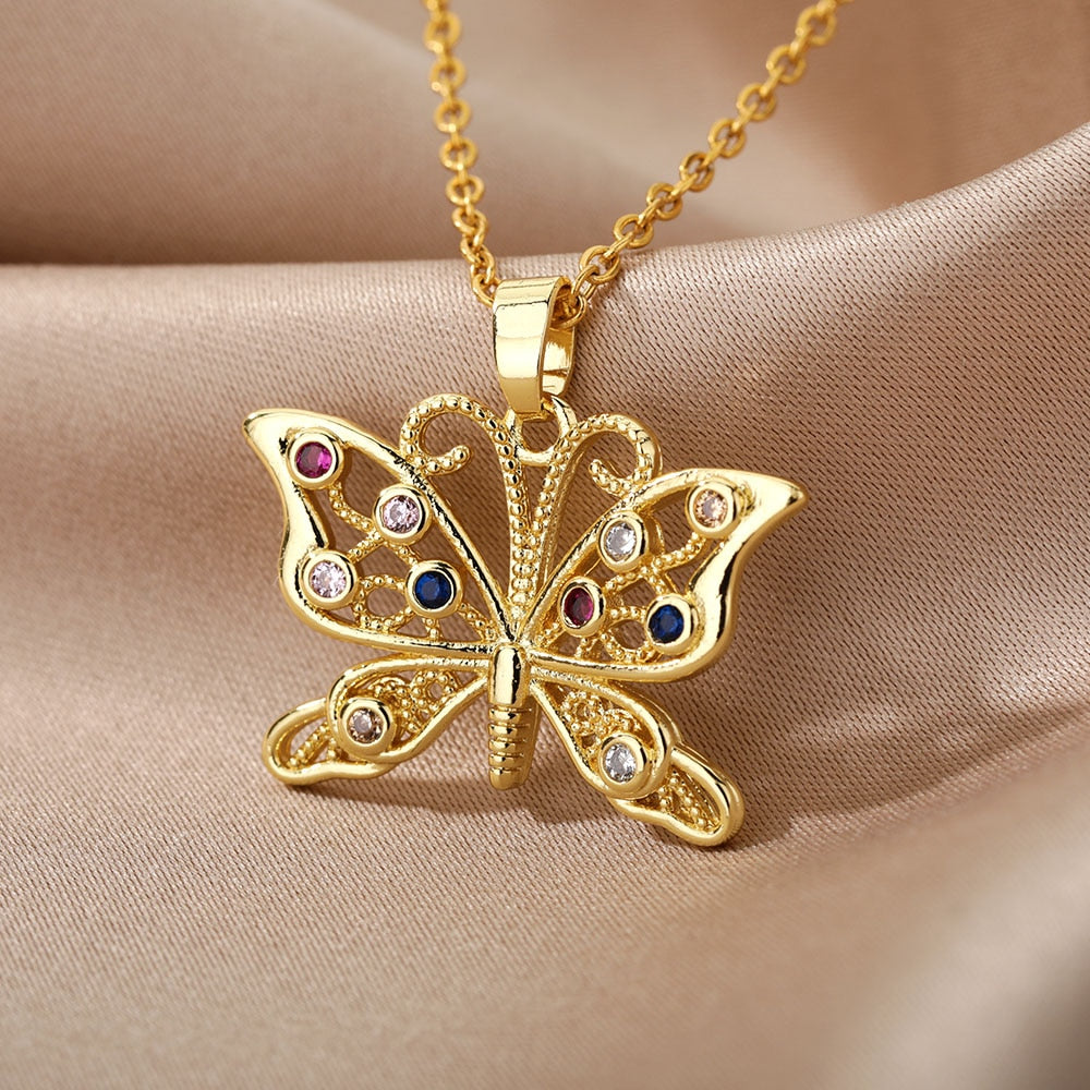 Zircon Butterfly Pendant Necklace For Women Stainless Steel Gold Color Necklaces Charm Bling CZ Wedding Couple Aesthetic Jewerly