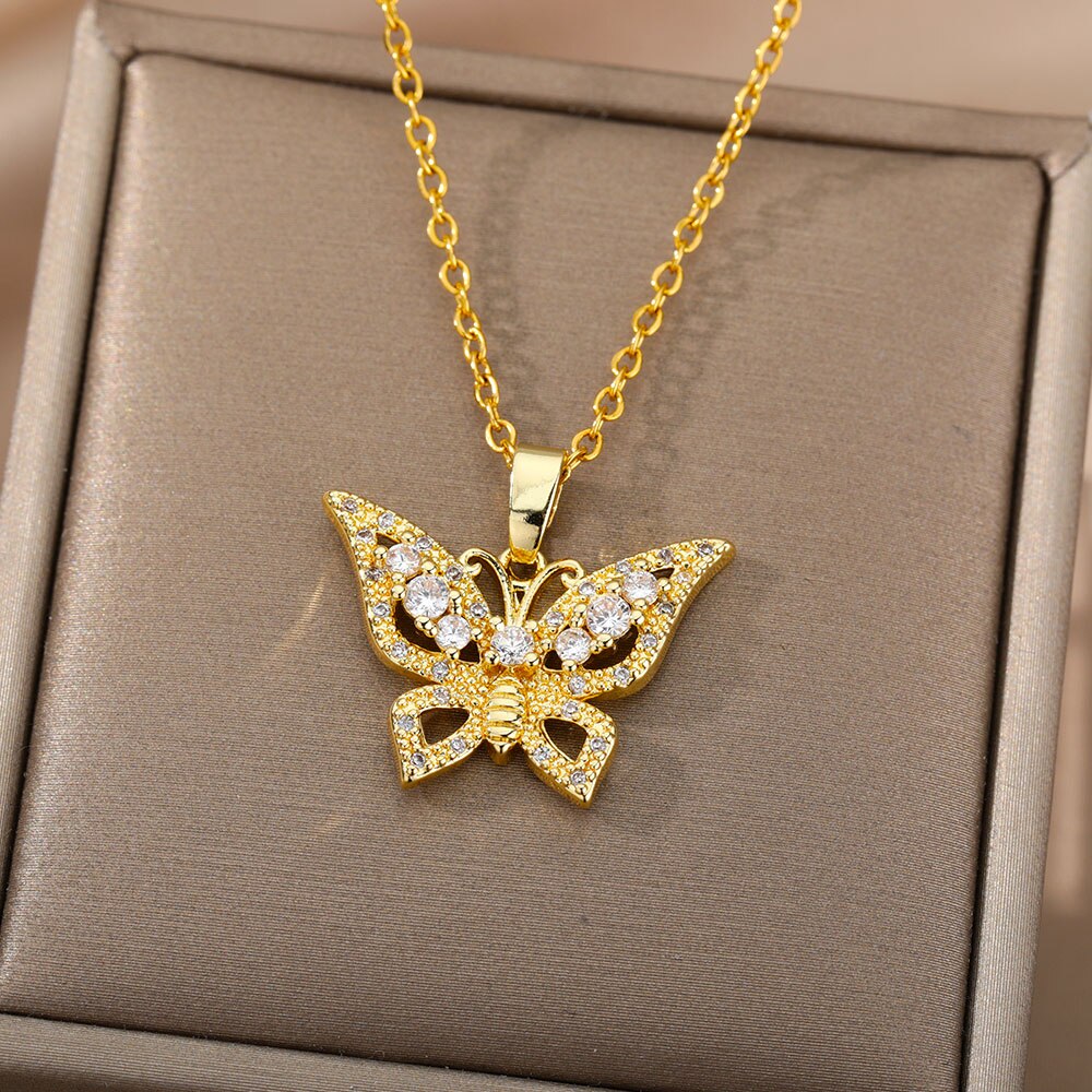 Zircon Butterfly Pendant Necklace For Women Stainless Steel Gold Color Necklaces Charm Bling CZ Wedding Couple Aesthetic Jewerly