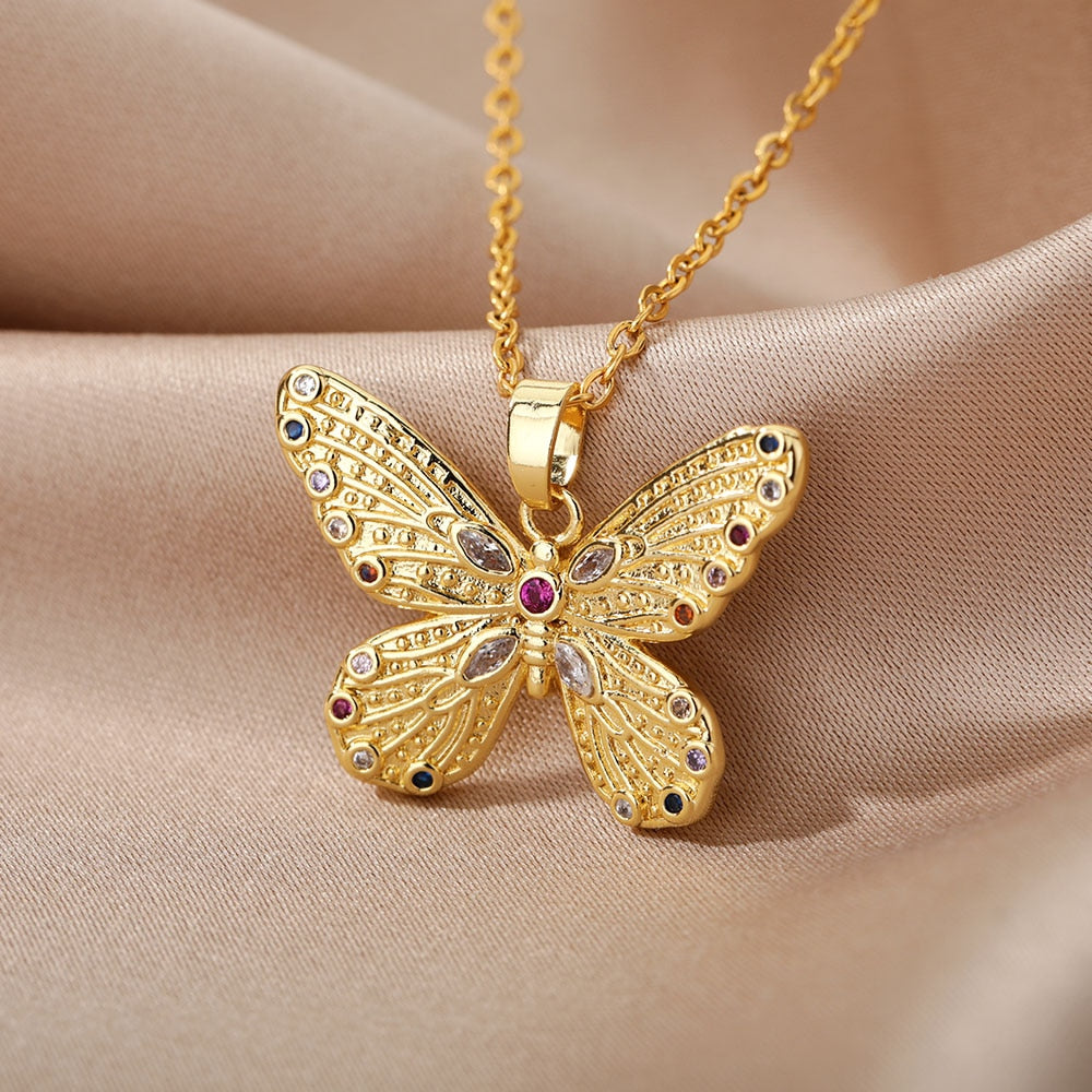Zircon Butterfly Pendant Necklace For Women Stainless Steel Gold Color Necklaces Charm Bling CZ Wedding Couple Aesthetic Jewerly