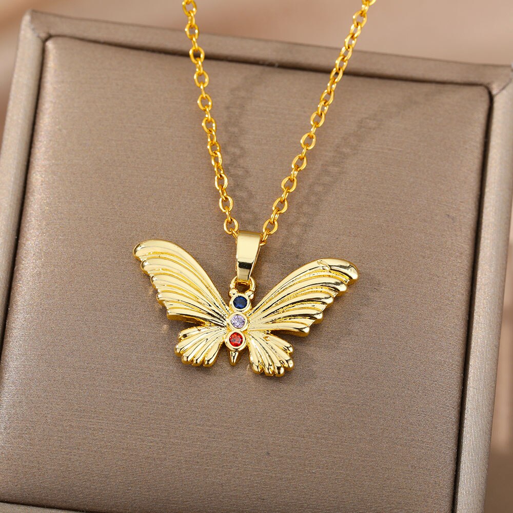 Zircon Butterfly Pendant Necklace For Women Stainless Steel Gold Color Necklaces Charm Bling CZ Wedding Couple Aesthetic Jewerly