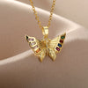 Zircon Butterfly Pendant Necklace For Women Stainless Steel Gold Color Necklaces Charm Bling CZ Wedding Couple Aesthetic Jewerly