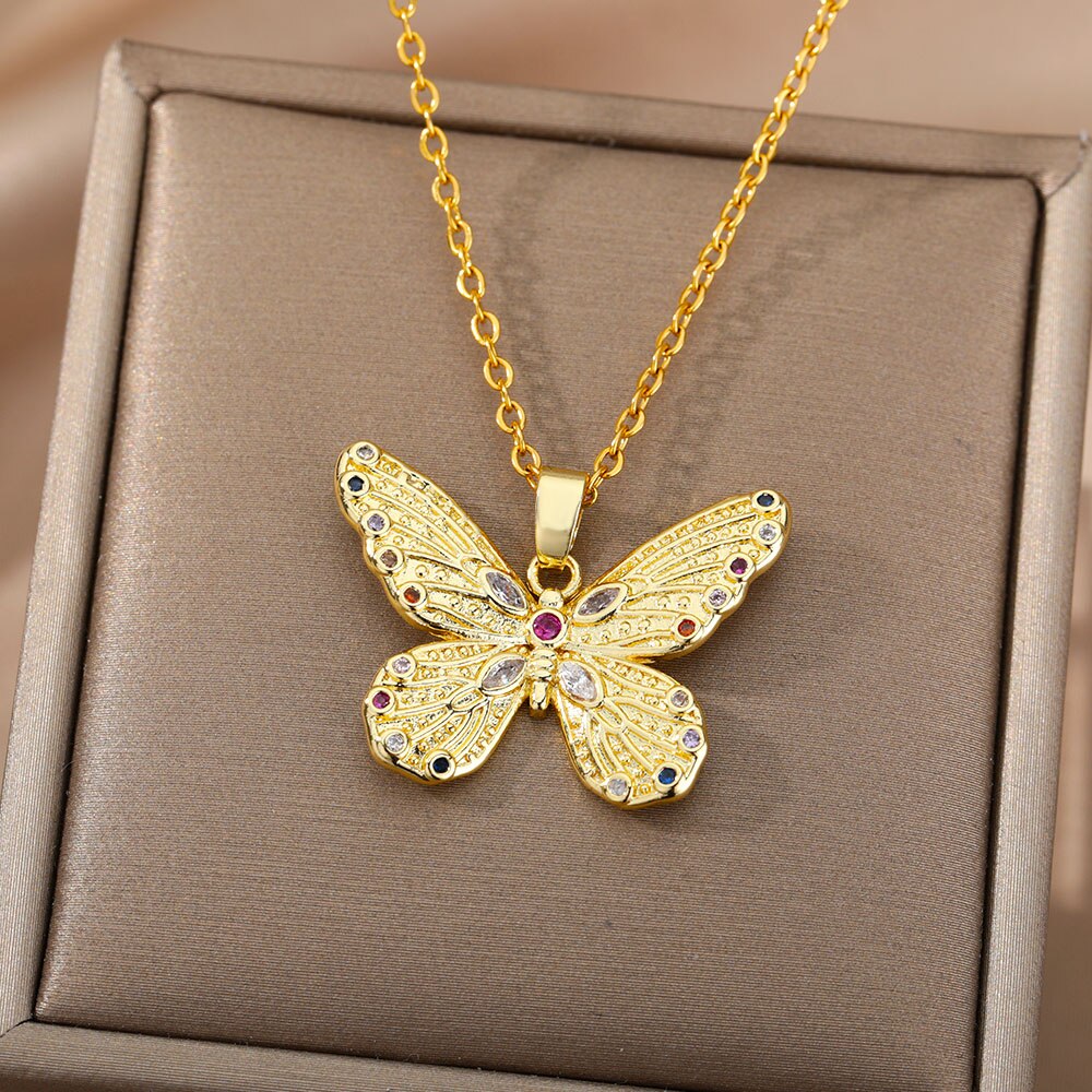 Zircon Butterfly Pendant Necklace For Women Stainless Steel Gold Color Necklaces Charm Bling CZ Wedding Couple Aesthetic Jewerly