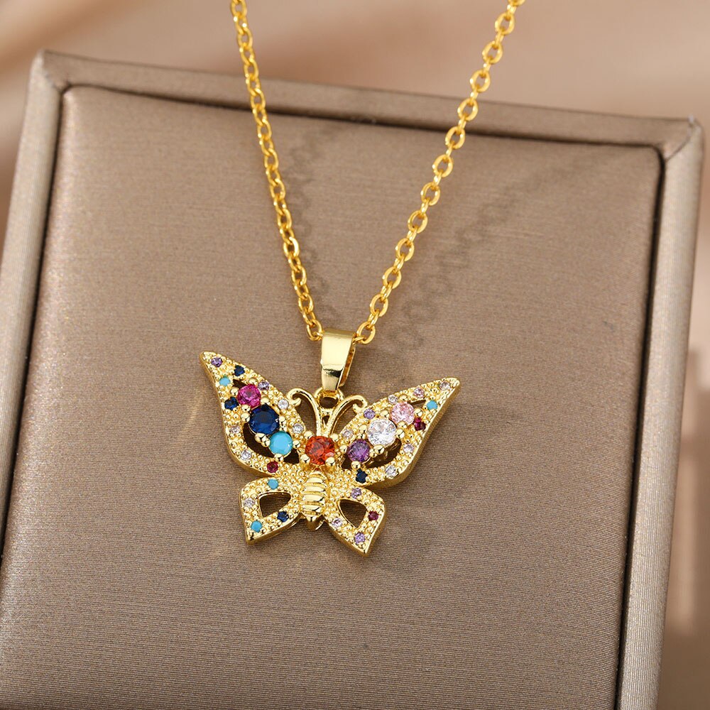 Zircon Butterfly Pendant Necklace For Women Stainless Steel Gold Color Necklaces Charm Bling CZ Wedding Couple Aesthetic Jewerly