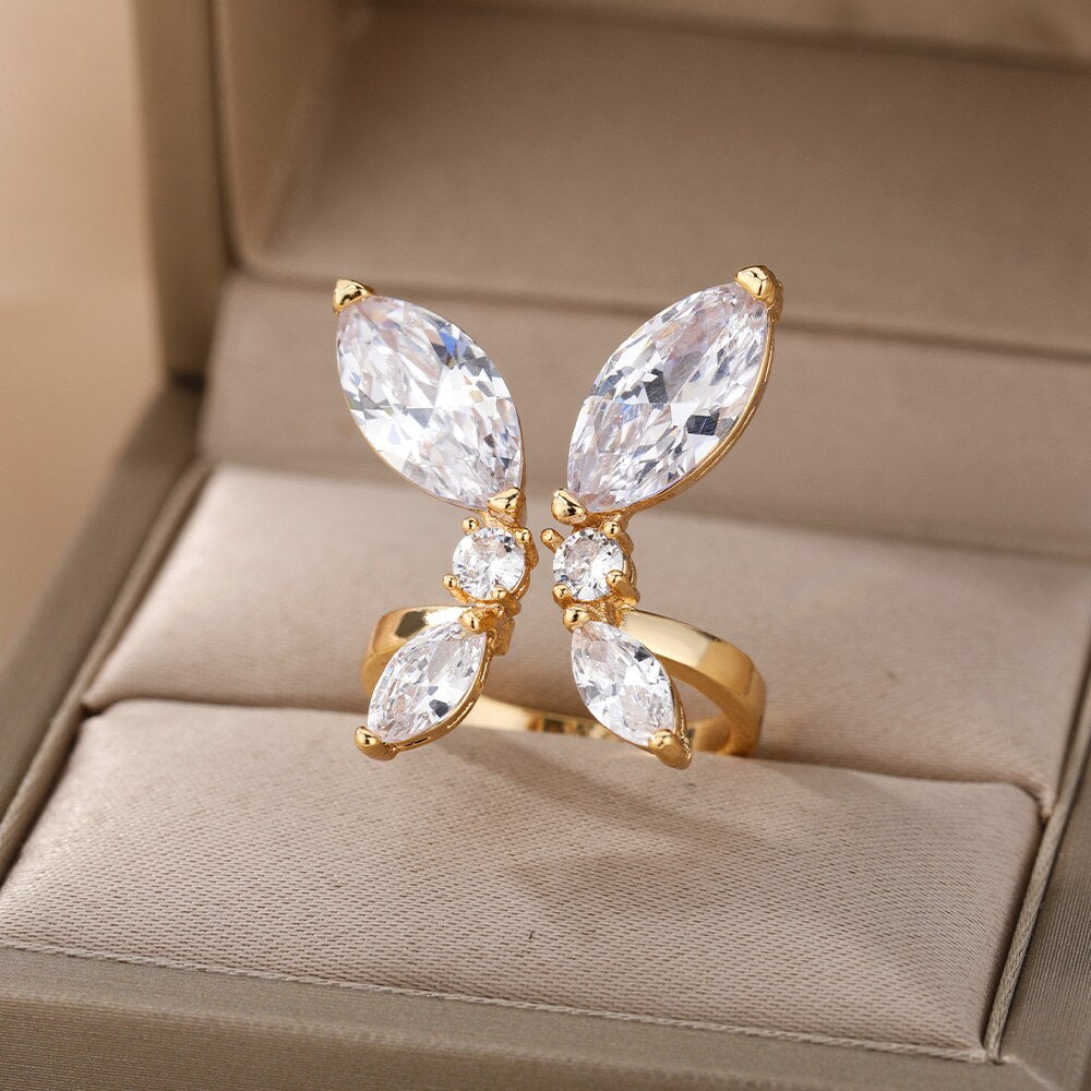 Zircon Butterfly Rings For Women Girls Stainless Steel Crystal Gold  Gold Color Finger Rind Female Couple Jewerly Gift
