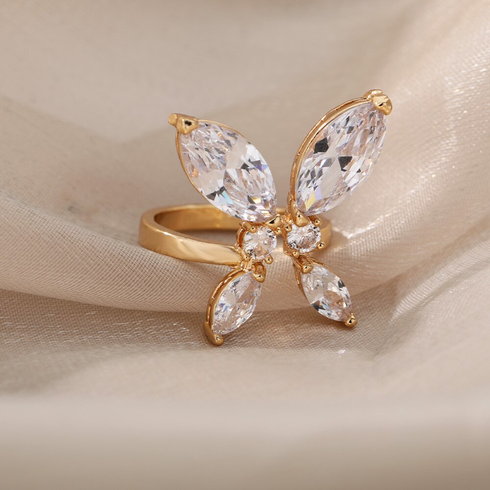 Zircon Butterfly Rings For Women Girls Stainless Steel Crystal Gold  Gold Color Finger Rind Female Couple Jewerly Gift