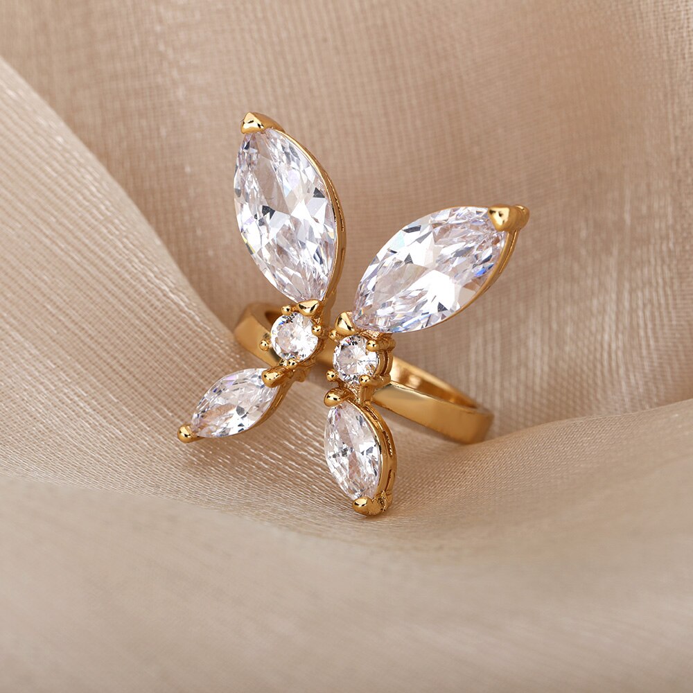Zircon Butterfly Rings For Women Girls Stainless Steel Crystal Gold  Gold Color Finger Rind Female Couple Jewerly Gift