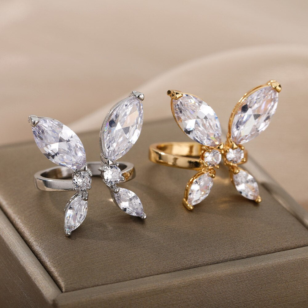 Zircon Butterfly Rings For Women Girls Stainless Steel Crystal Gold  Gold Color Finger Rind Female Couple Jewerly Gift