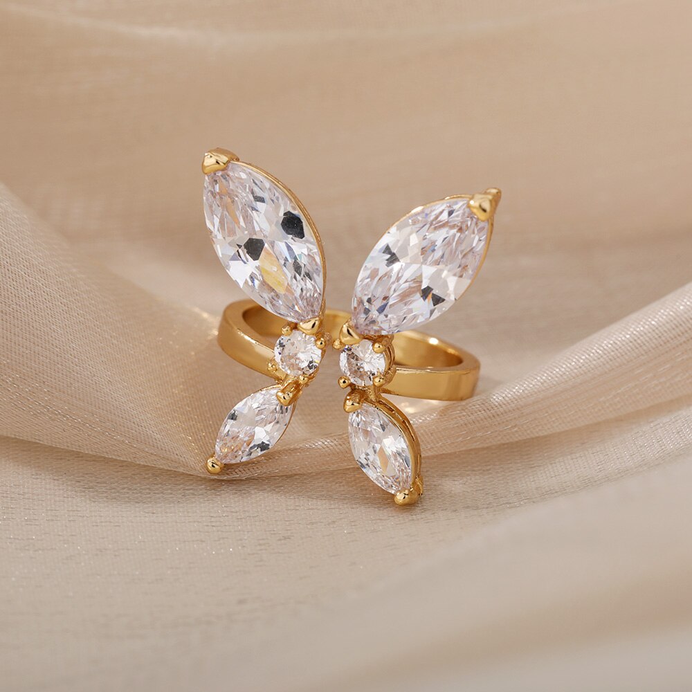 Zircon Butterfly Rings For Women Girls Stainless Steel Crystal Gold  Gold Color Finger Rind Female Couple Jewerly Gift
