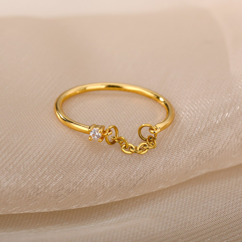 Zircon Chain Rings For Women Stainless Steel Gold Color Finger Ring Punk Hip Pop Jewelry Christmas Gift anillos mujer