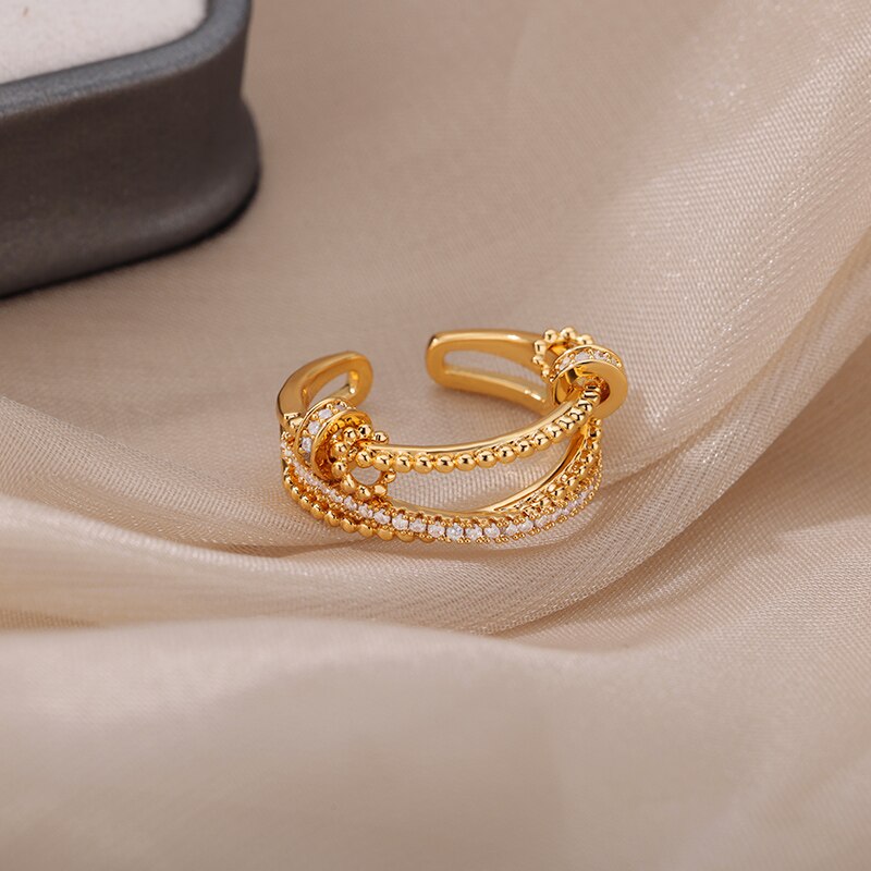 Zircon Cross Rings for Women Open Adjustable Stainless Steel Double Layer Ring  Crystal Wedding Couple Jewerly bague femme