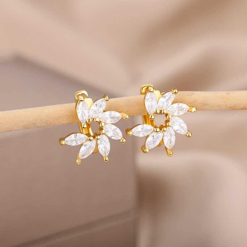 Zircon Floral Hoop Earrings for Women Stainless Steel Gold Color Flower Earrings 2023 Trend  Couple Wedding Jewelry femme