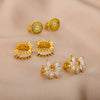 Zircon Floral Hoop Earrings for Women Stainless Steel Gold Color Flower Earrings 2023 Trend  Couple Wedding Jewelry femme