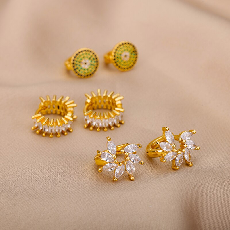 Zircon Floral Hoop Earrings for Women Stainless Steel Gold Color Flower Earrings 2023 Trend  Couple Wedding Jewelry femme