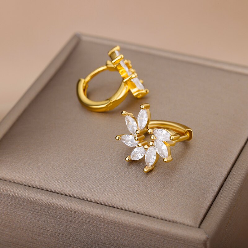 Zircon Floral Hoop Earrings for Women Stainless Steel Gold Color Flower Earrings 2023 Trend  Couple Wedding Jewelry femme