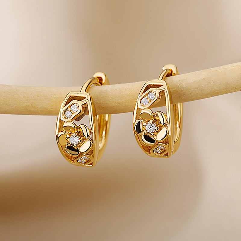 Zircon Flower Hoop Earrings for Women Stainless Steel Gold Color Earrings 2023 Trend Korean Wedding Couple Jewerly Gift femme