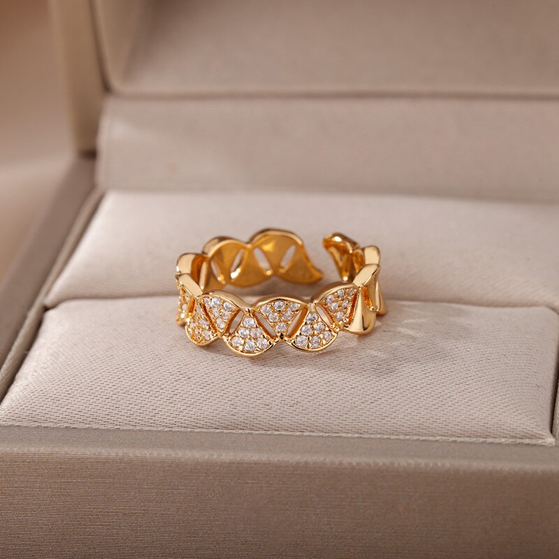 Zircon Ginkgo Biloba Rings for Women Adjustable Stainless Steel Gold Color Finger Ring Couple Wedding Jewerly anillos