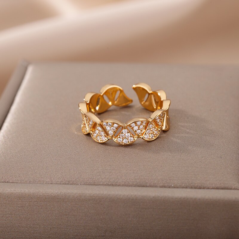 Zircon Ginkgo Biloba Rings for Women Adjustable Stainless Steel Gold Color Finger Ring Couple Wedding Jewerly anillos