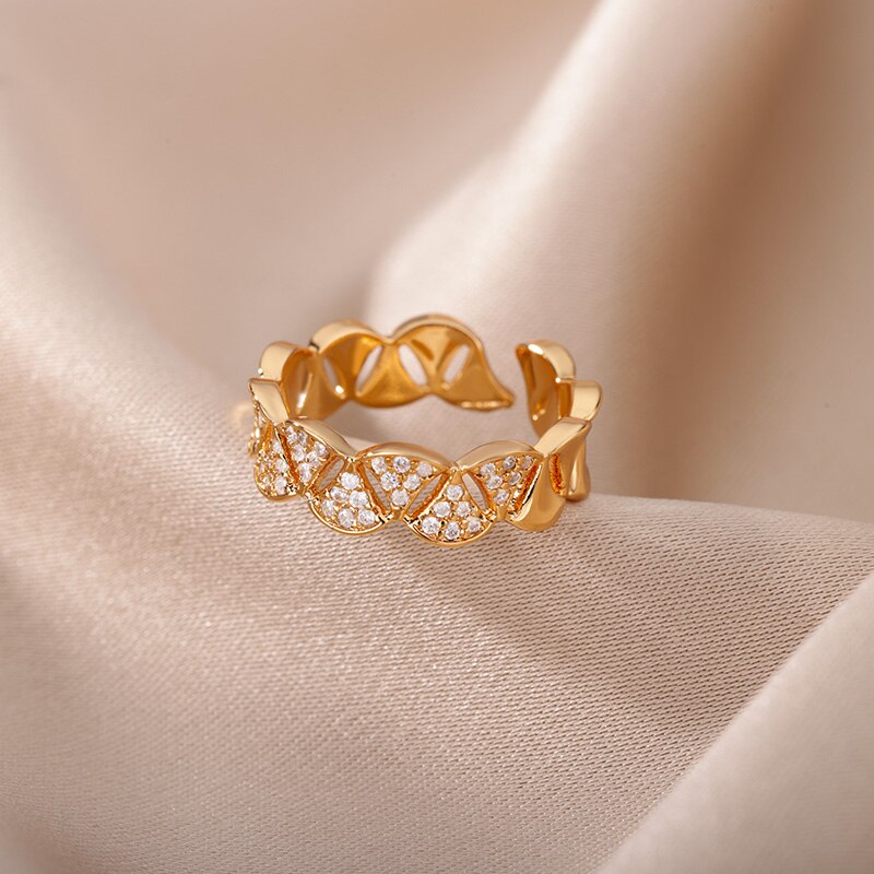 Zircon Ginkgo Biloba Rings for Women Adjustable Stainless Steel Gold Color Finger Ring Couple Wedding Jewerly anillos