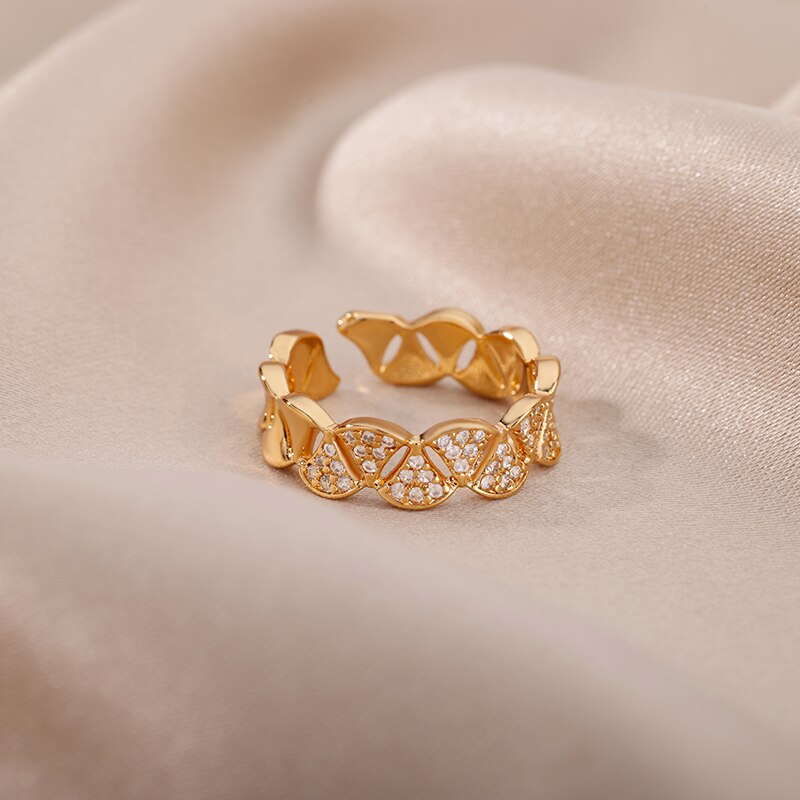Zircon Ginkgo Biloba Rings for Women Adjustable Stainless Steel Gold Color Finger Ring Couple Wedding Jewerly anillos