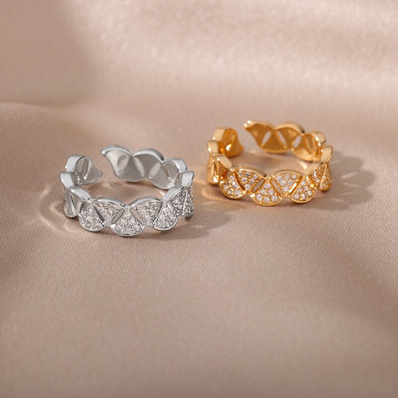 Zircon Ginkgo Biloba Rings for Women Adjustable Stainless Steel Gold Color Finger Ring Couple Wedding Jewerly anillos