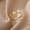 Zircon Heart Rings For Women Open Adjustable Stainless Steel Imitation Pearl Ring Couple Wedding Aesthetic Jewerly anillos mujer