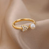 Zircon Heart Rings For Women Open Adjustable Stainless Steel Imitation Pearl Ring Couple Wedding Aesthetic Jewerly anillos mujer