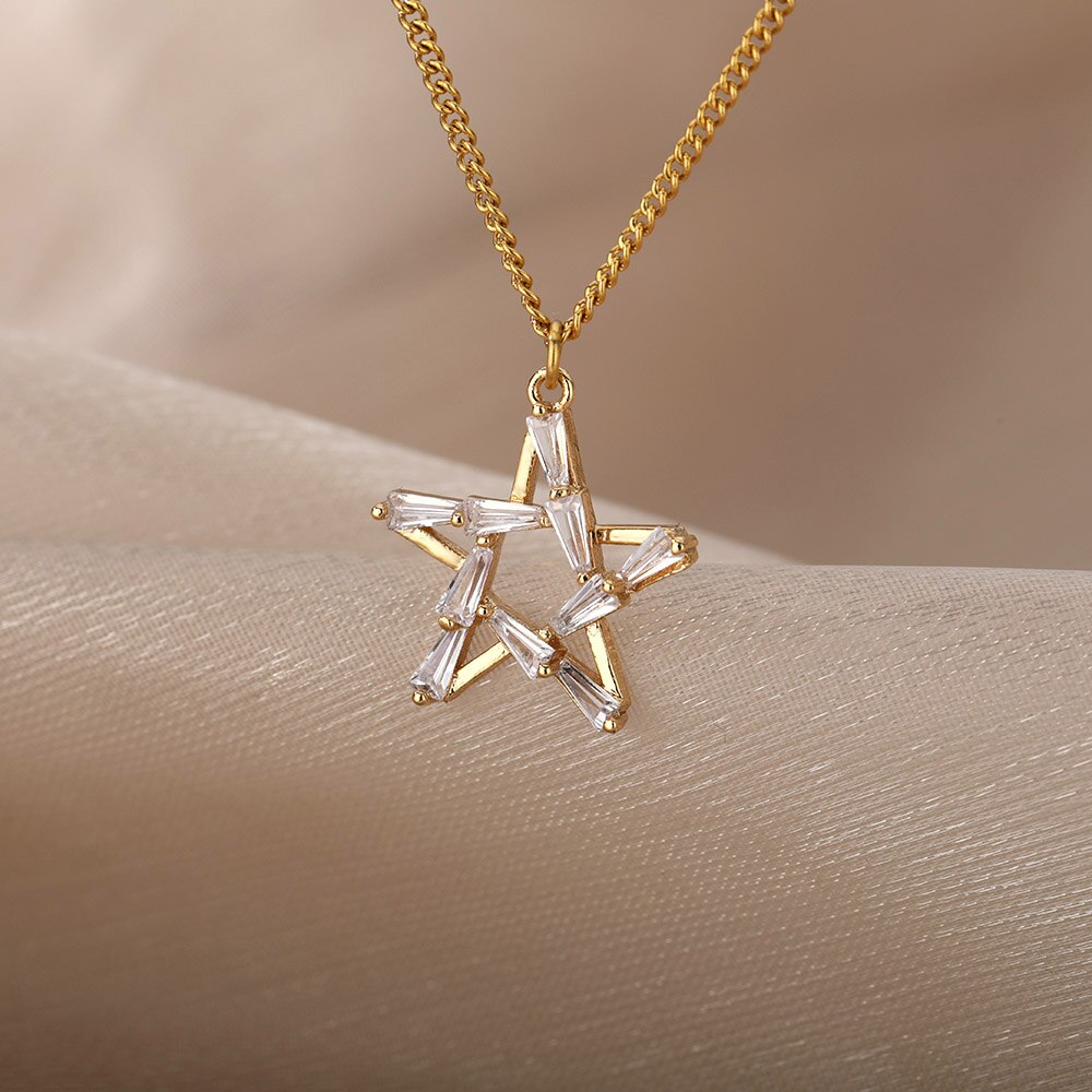 Zircon Hollow Star Necklaces For Women Girls Gold Silver Color Stainless Steel Neck Chain Female Pendant Necklace Jewelry