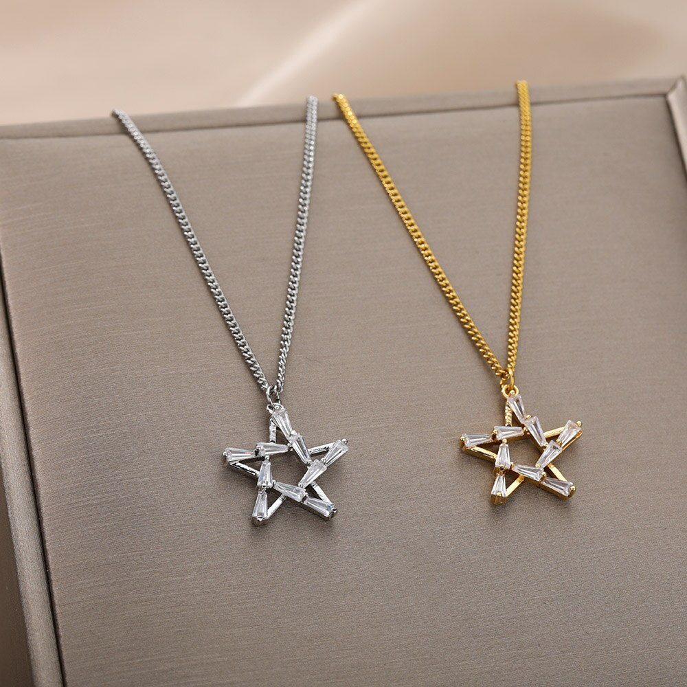 Zircon Hollow Star Necklaces For Women Girls Gold Silver Color Stainless Steel Neck Chain Female Pendant Necklace Jewelry
