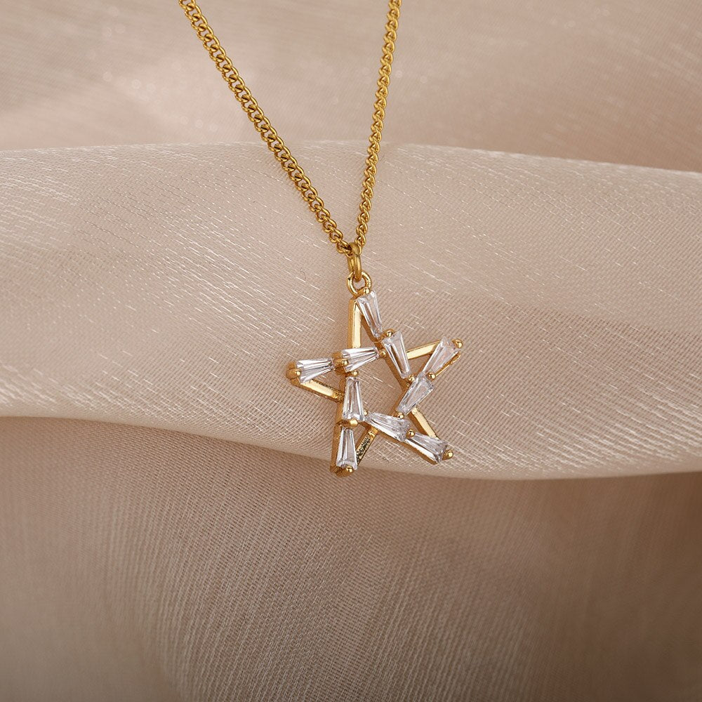 Zircon Hollow Star Necklaces For Women Girls Gold Silver Color Stainless Steel Neck Chain Female Pendant Necklace Jewelry