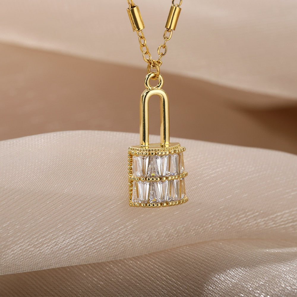 Zircon Lock Pendant Gold Necklace For Women Stainless Steel Crystal Padlock Necklaces Couple Aesthetic Jewelry collares mujer