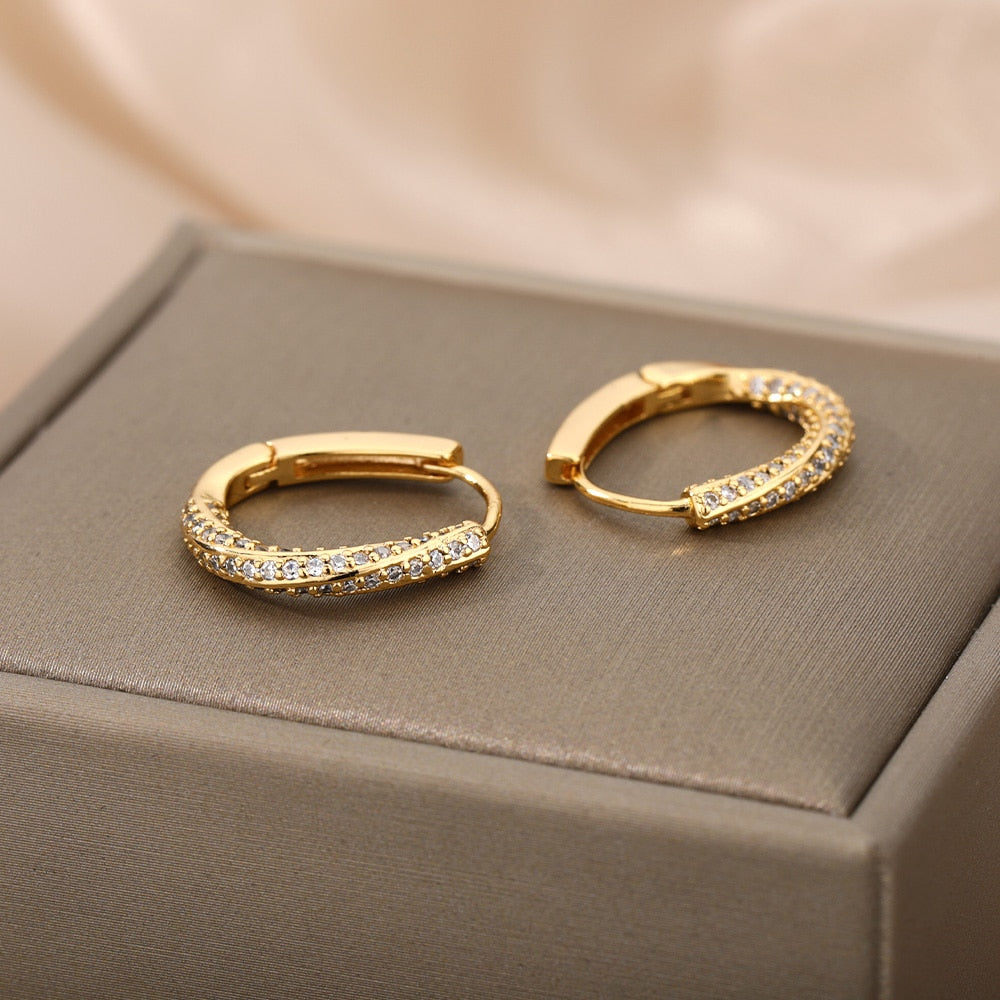 Zircon Oval Hoop Earrings For Women Stainless Steel Gold Color Round Hoops Earring 2023 Trend Wedding Jewelry pendientes mujer