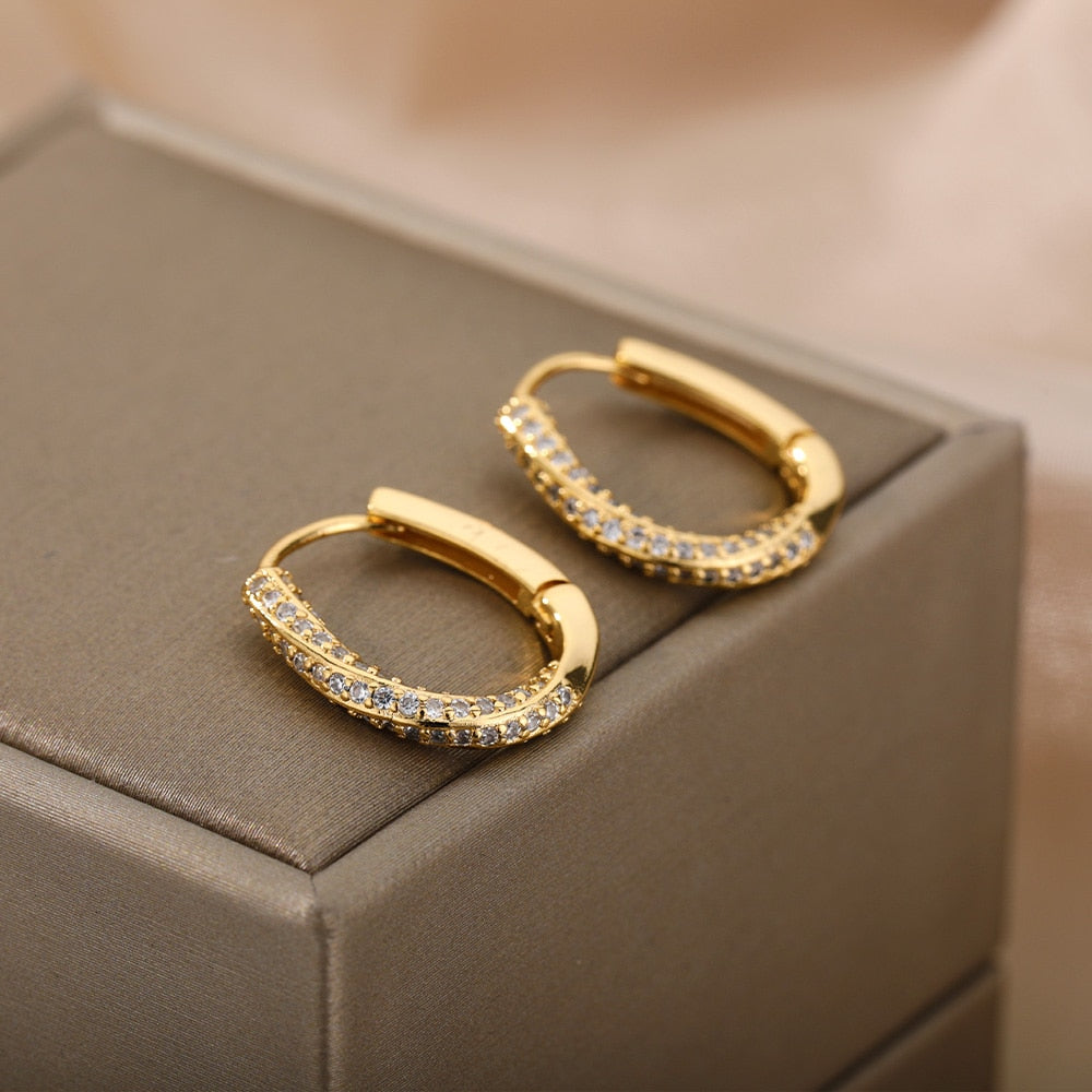 Zircon Oval Hoop Earrings For Women Stainless Steel Gold Color Round Hoops Earring 2023 Trend Wedding Jewelry pendientes mujer