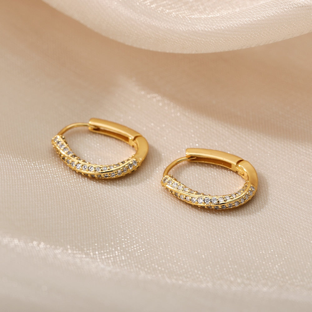 Zircon Oval Hoop Earrings For Women Stainless Steel Gold Color Round Hoops Earring 2023 Trend Wedding Jewelry pendientes mujer