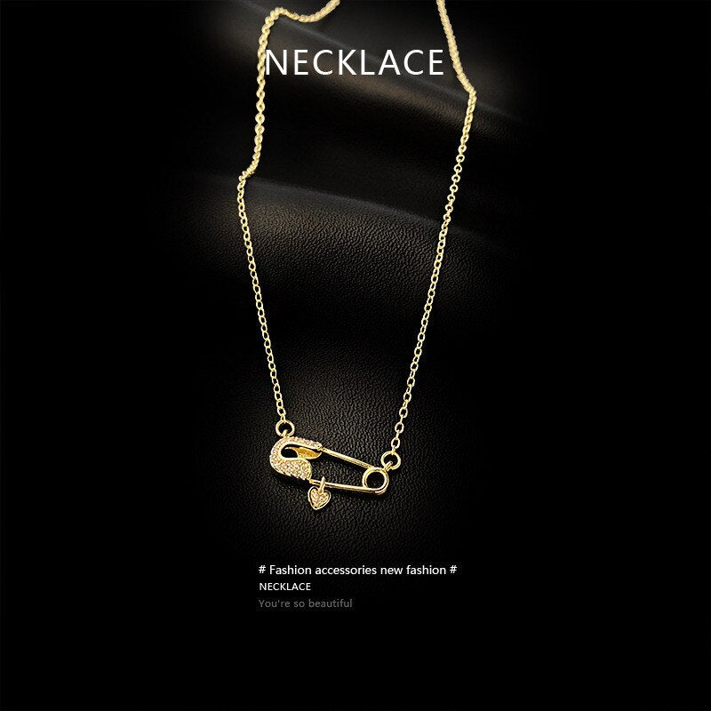 Zircon Pin Titanium Steel Necklace Female Tide Niche Design Sense Clavicle Chain Personality Pendant Jewelry For Women