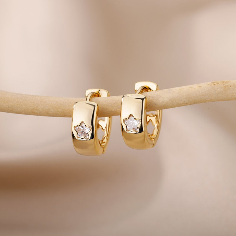 Zircon Star Hoop Earrings for Women Stainless Steel Gold Color  Round Huggie Earrings 2023 Trend Jewelry pendientes mujer