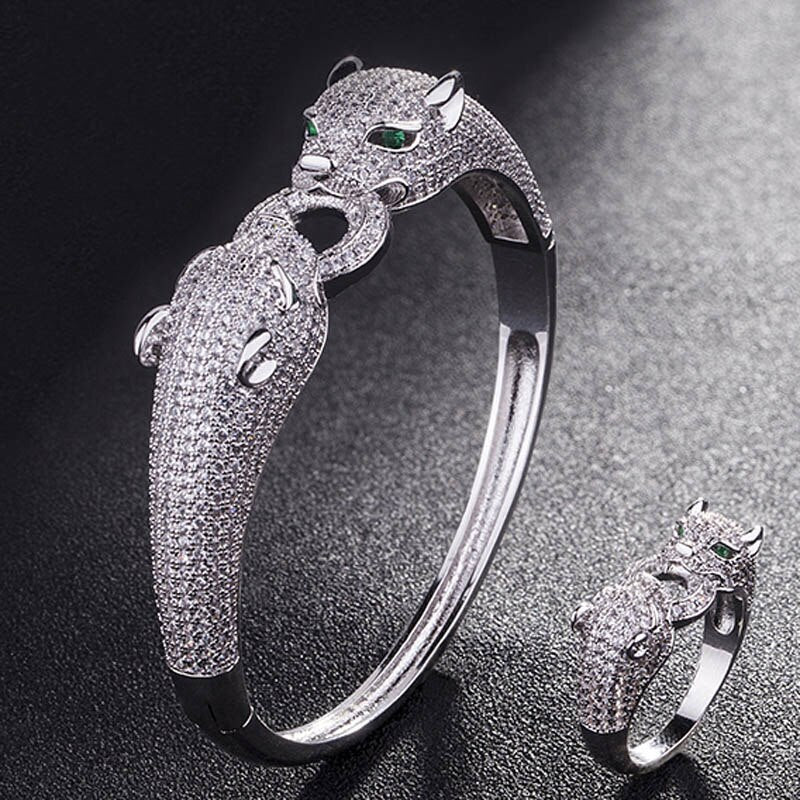 Zlxgirl Two Leopard Animal Bangle women size Jewelry Brand cubic Zirconia Love Bangle Anel Men Anniversary Jewelry