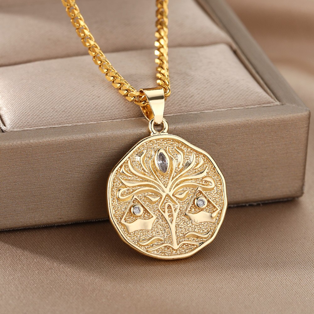Zodiac Sign Necklace For Women Stainless Steel 12 Constellation Round Pendant Necklaces Gemini Scorpio Aquarius Choker Jewerly