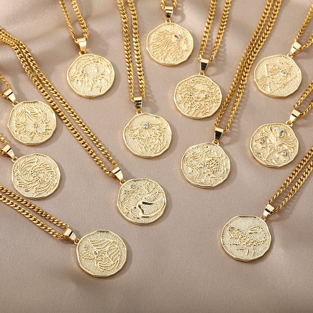 Zodiac Sign Necklace For Women Stainless Steel 12 Constellation Round Pendant Necklaces Gemini Scorpio Aquarius Choker Jewerly