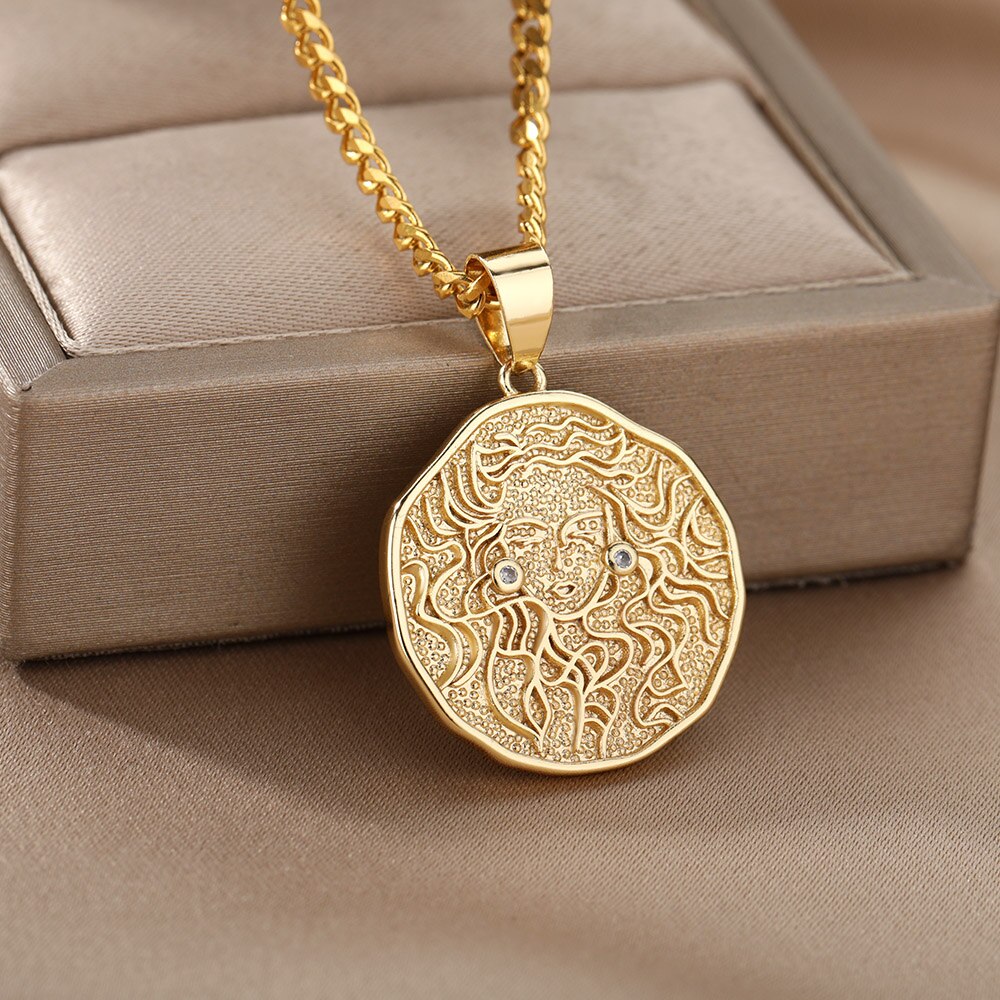 Zodiac Sign Necklace For Women Stainless Steel 12 Constellation Round Pendant Necklaces Gemini Scorpio Aquarius Choker Jewerly