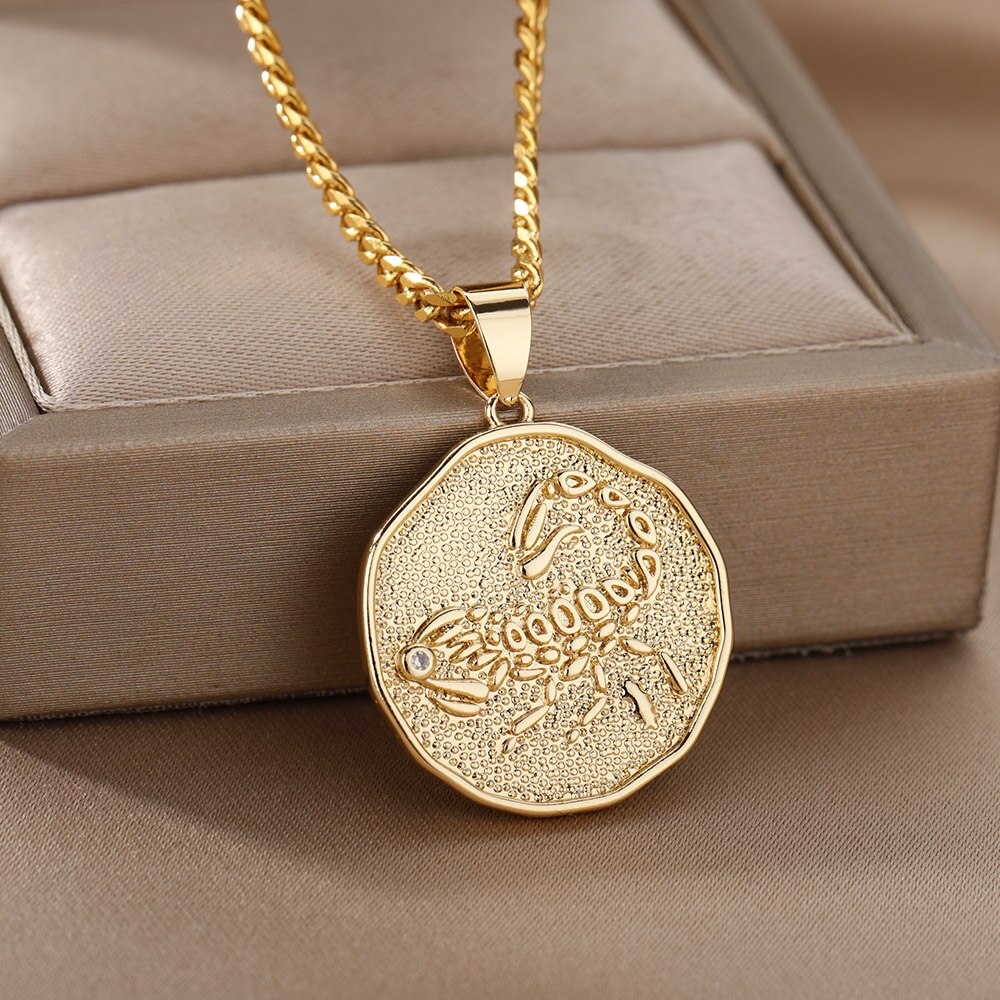 Zodiac Sign Necklace For Women Stainless Steel 12 Constellation Round Pendant Necklaces Gemini Scorpio Aquarius Choker Jewerly