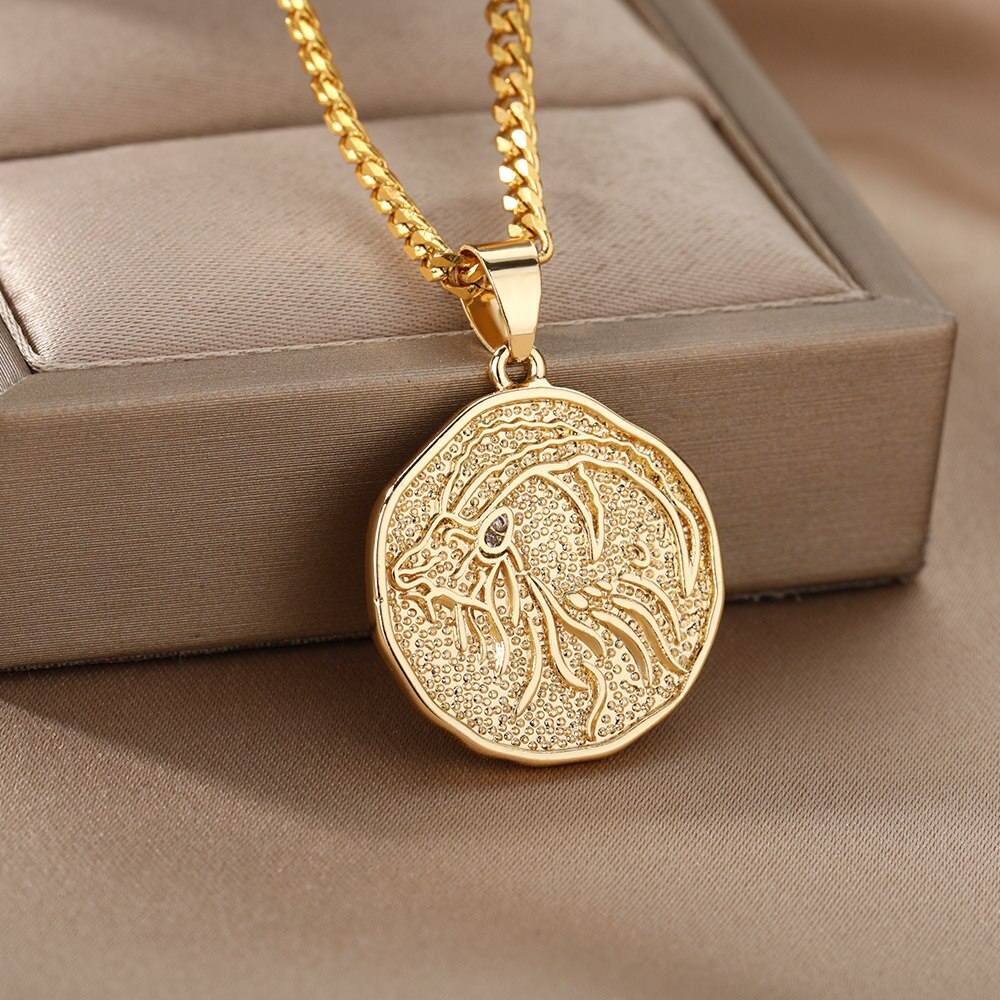 Zodiac Sign Necklace For Women Stainless Steel 12 Constellation Round Pendant Necklaces Gemini Scorpio Aquarius Choker Jewerly