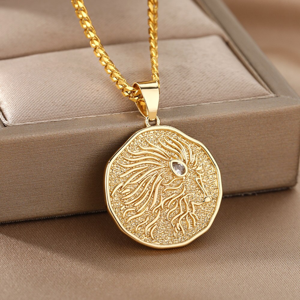 Zodiac Sign Necklace For Women Stainless Steel 12 Constellation Round Pendant Necklaces Gemini Scorpio Aquarius Choker Jewerly