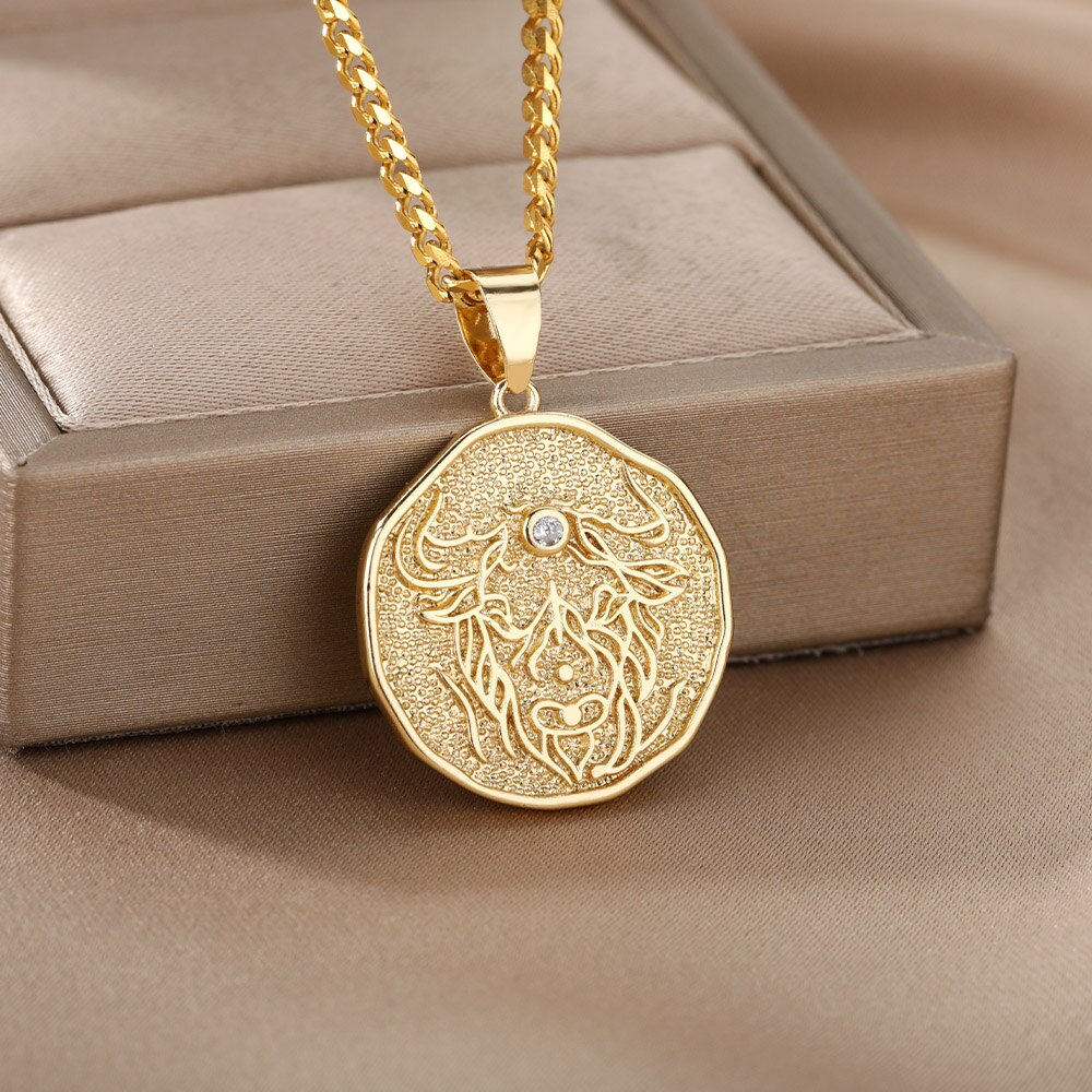 Zodiac Sign Necklace For Women Stainless Steel 12 Constellation Round Pendant Necklaces Gemini Scorpio Aquarius Choker Jewerly