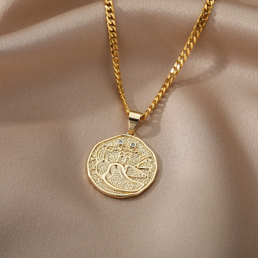 Zodiac Sign Necklace For Women Stainless Steel 12 Constellation Round Pendant Necklaces Gemini Scorpio Aquarius Choker Jewerly