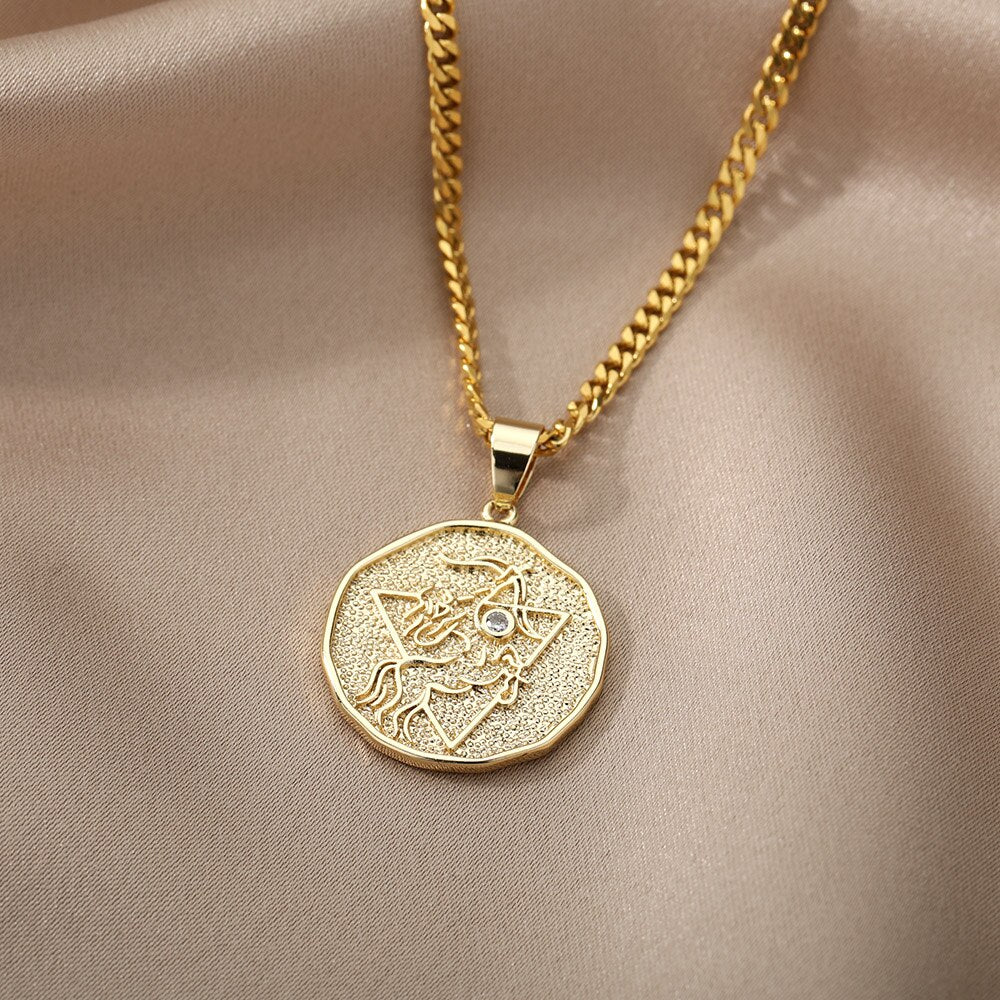 Zodiac Sign Necklace For Women Stainless Steel 12 Constellation Round Pendant Necklaces Gemini Scorpio Aquarius Choker Jewerly