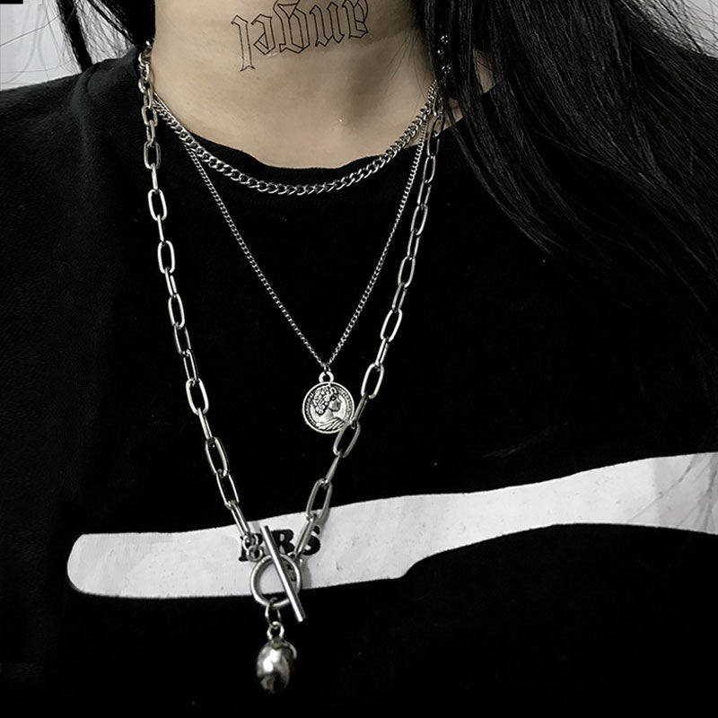 Zoeber Multi-Layer Punk Long Chain Necklace Hip Hop Metal Ball Coin Cross Pendant Necklace for Women Men  Goth Jewelry Gifts