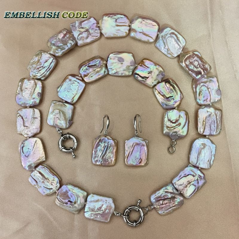 baroque keshi pearl choker statement necklace bracelet bangle hook earrings set peach colorful flat square shape big size pearls