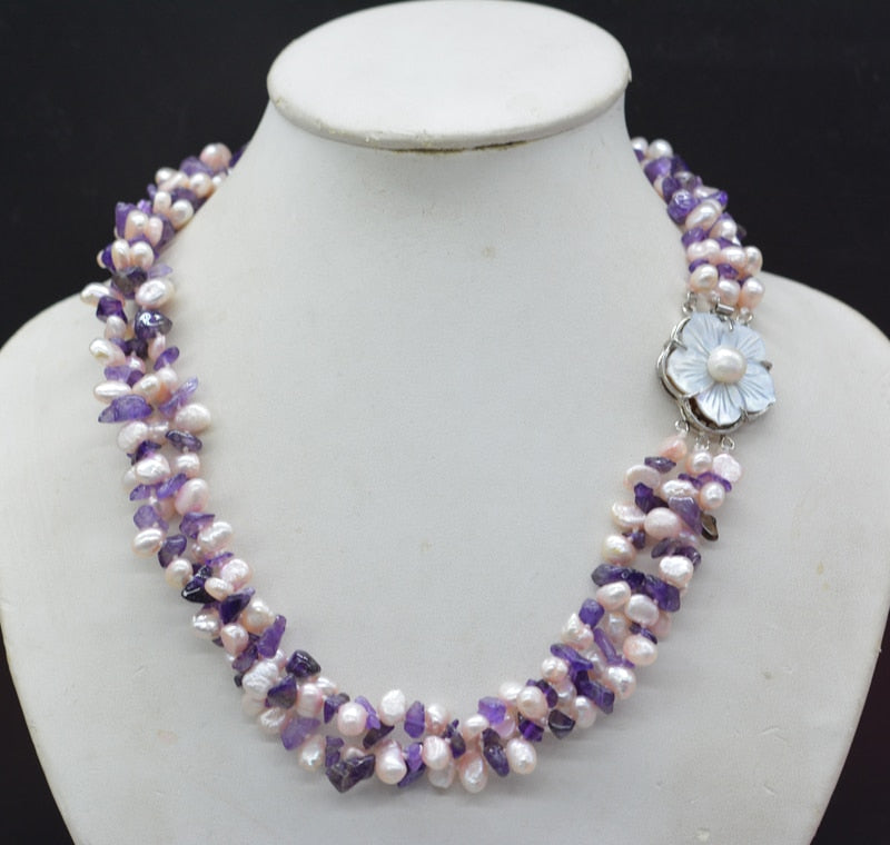 beauty.3-strand natural peach red baroque pearl and natural purple irregular crystal necklace. Very exquisite Christmas gift 19