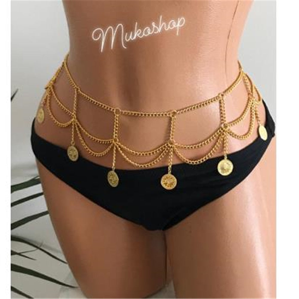 bls-miracle 2022 Boho Multi-level Golden Coin Pendant Waist Chain For Women Jewelry Belt Body Chains Party Gift Jewelry